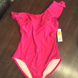 One piece full coverage, pink women’s swimsuit. One shoulder